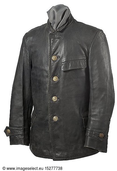 A leather jacket for machinery personnel on U-boats Short  single-breasted issue with gold anchor buttons (a small arbitrary act by the seamen) and thick black wool liner (moth traces). historic  historical  navy  naval forces  military  militaria  branch of service  branches of service  armed forces  armed service  object  objects  stills  clipping  clippings  cut out  cut-out  cut-outs  20th century