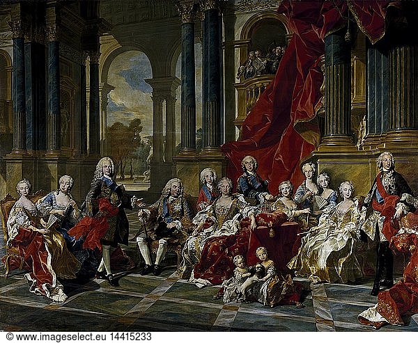 A Life sized depiction of Philip V of Spain and his family.. The Family of Felipe V by the French artist Louis Michel van Loo  completed in 1743. Featuring life-sized depictions of Philip V of Spain and his family. Oil on canvas.