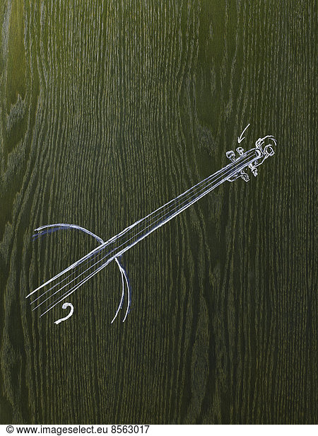 A line drawing image on a natural wood grain background. The neck and strings of a woodwind musical instrument.