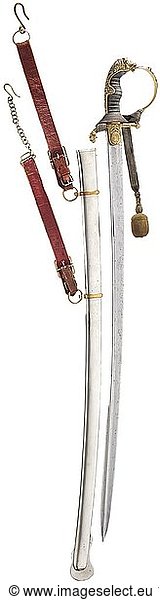A lion head sabre for officers of the Hussar Regiment Kaiser Franz Joseph von Ã–sterreich  KÃ¶nig von Ungarn (Schleswig-Holstein) No. 16  dated 1866 Slightly curved pipe-backed blade with yelmen. Knuckle-bow hilt made of gilt non-ferrous metal  richly decorated in relief  the obverse languet with two crossed sabres  lion head pommel  shark skin grip (rubbed) with triple wire wrap  silver sword knot. Excellently preserved  nickel-plated sheet steel scabbard engraved with 'Karl v. Schmidt  Oberst  Hus Rgt Nr. 16  1866'  gilt ring bands (one loose) and suspension rings  leather-backed hanger with silver braid. Traces of wear and age. Length 103 cm. The regiment was formed on 27 September 1866 and stationed in Schleswig. In 1872 Emperor Franz Joseph of Austria took over the command of the regiment. Rare sabre in beautiful condition. historic  historical  Schleswig Holstein  Northern Germany  the North of Germany  North German  object  objects  stills  clipping  clippings  cut out  cut-out  cut-outs  19th century