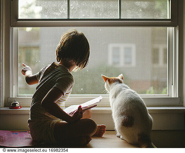 A little girl sits on a bench with a cat looking out window together