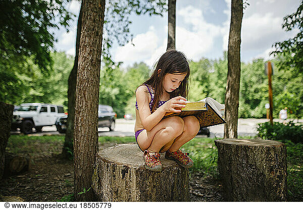A little girl sits on tree stump reading large book in sunlight