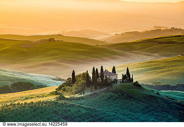 A lonely farmhouse with cypress and olive trees  rolling hills  Val d´Orcia  Tuscany  Italy