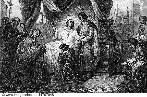 A4  Ludwig IX. 'der Heilige'  25.4.1214 - 25.8.1270  KÃ¶nig von Frankreich 8.11.1226 - 25.8.1270  Tod in Tunis  Historienbild  Stahlstich von Colin nach Thomas  19. Jahrhundert