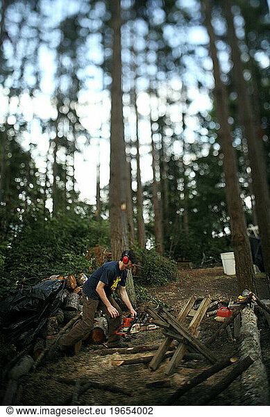 A man holds a chainsaw while setting up for his next cut among tall fir trees. Gig Harbor  Washington. (Slant Focus)