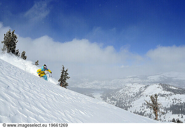 A man skiing on a bluebird powder day at a mountain resort near South Lake Tahoe  California.