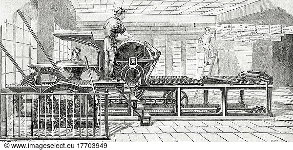 A Marinoni rotary printing press for thumbnail prints and colour prints. Hippolyte Auguste Marinoni  1823 -1904. From L'Univers Illustre  published Paris  1859