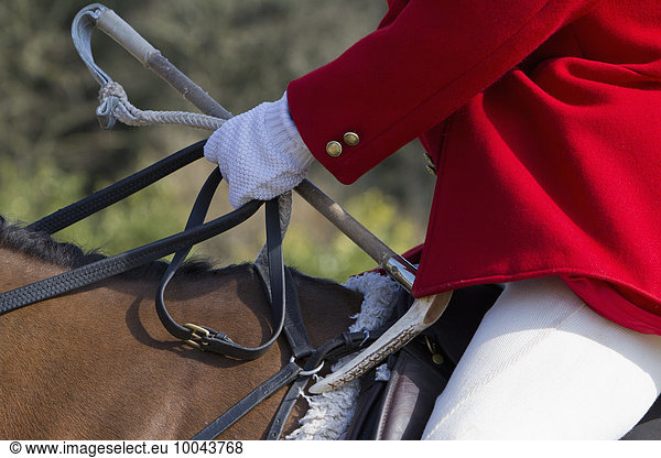 A Master of Foxhounds in a traditional hunting coat  on horseback.
