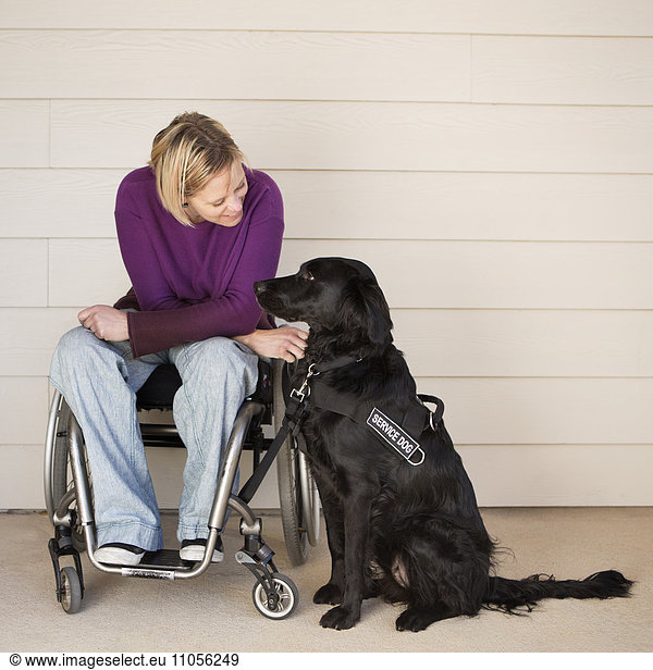 A mature woman wheelchair user stroking her black Labrador service dog and making eye contact with the dog.