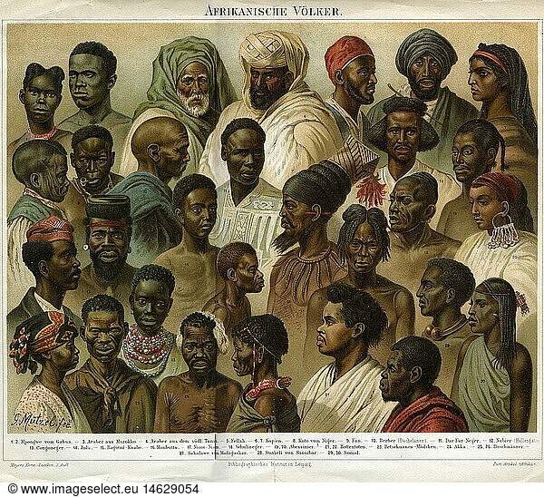 A3 Menschen hist.  Etnien  Afrika  afrikanische VÃ¶lker  Tafel  Chromolithographie von G. MÃ¼tzel  Meyers Konversationslexikon  5. Auflage  1894