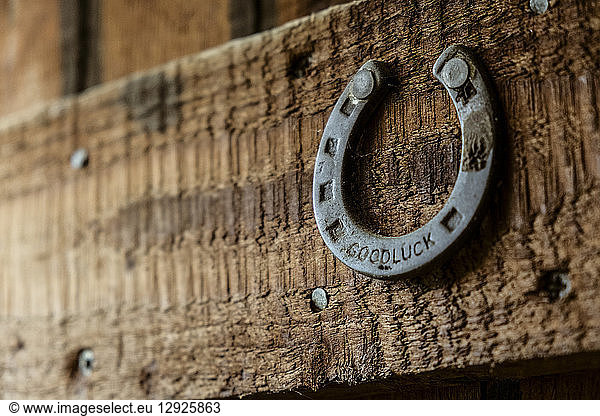 A metal horseshoe nailed onto a wooden beam.