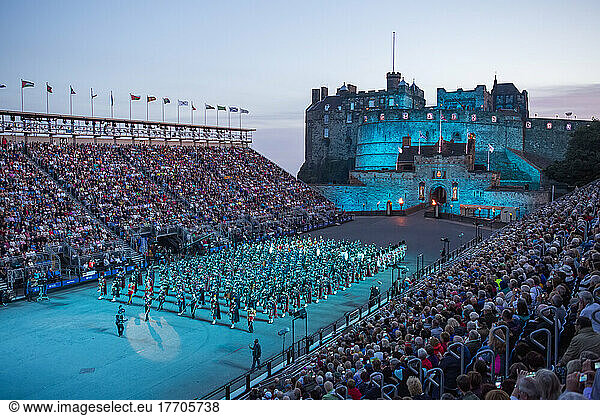 A military band perform during the annual Military Tattoo in front of Edinburgh Castle; Edinburgh  Scotland