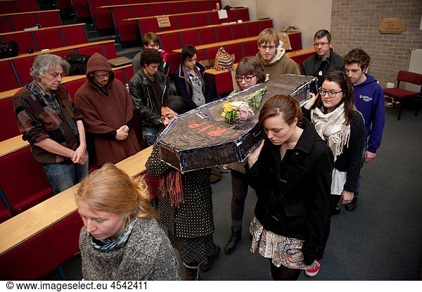 A mock funeral for the death of higher education staged by students occupying lecture room A12 at Aberystwyth University December 13th  students of Aberystwyth University have started a teach-in in the main lecture hall on Penglais Campus A group set up
