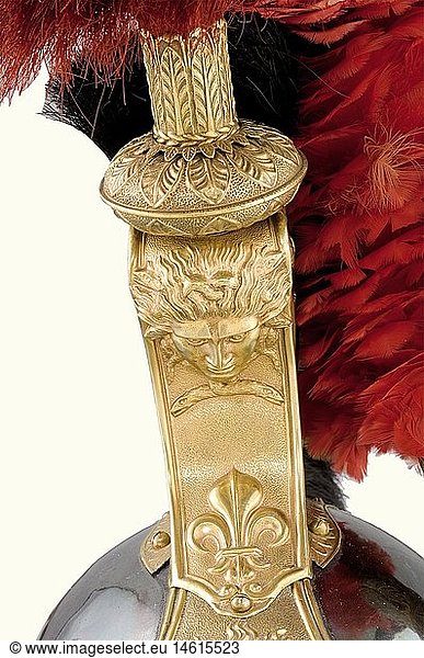 A model 1825 Cuirassier officer's helmet.  Silver-plated tombac skull  stamped 'Doublee' on the reverse side. Finely made gold-plated comb and fittings. Black horsehair tail and crest. Socket with a red brush and a holder with a red feather plume. Fine sheepskin lining. Silver-plating somewhat tarnished. historic  historical  19th century  French Restauration  France  French  militaria  object  objects  stills  clipping  cut out  cut-out  cut-outs  helmet  helmets  headpiece  headpieces  utensil  piece of equipment  utensils  protection  headgear  headgears  uniform  uniforms