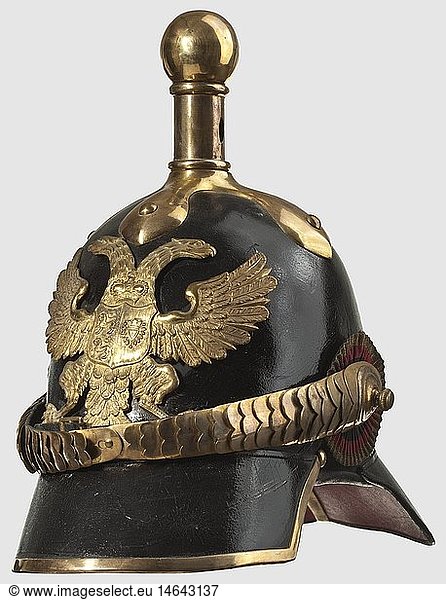A model 1848 helmet for artillery officers  Black lacquered leather skull  gilded mountings  metal chinscales on screws  and fabric cockades. Authentic plate  but not associated. Black silk lining. Peaks with red and green cover. The skull lightly recoated with black lacquer. Otherwise in good condition with very well-preserved gilding. The blue of the Schleswig-Holstein cockade has been re-dyed. Rare helmet. Cf. U. Schiers. Die Sammlung des WGM Rastatt/5 Kopfbedeckungen (Headgear)  p. 122  historic  historical  19th century  Schleswig Holstein  Northern Germany  the North of Germany  North German  object  objects  stills  clipping  clippings  cut out  cut-out  cut-outs  helmet  helmets  headpiece  headpieces  utensil  piece of equipment  utensils  protection  headgear  headgears  uniform  uniforms