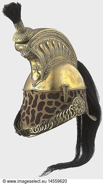 A model 1845 helmet for enlisted men  of the French Dragoons Brass skull. Felt turban printed with a leopard pattern. Sculpted comb  marmouzet (grotesque figure) with black horsehair plume  and horsehair fall. Leather lining. Rear brim covering restored. Number stamp on the rear ventilation hole.  historic  historical  19th century  object  objects  stills  clipping  clippings  cut out  cut-out  cut-outs  helmet  helmets  headpiece  headpieces  utensil  piece of equipment  utensils  protection  headgear  headgears  uniform  uniforms