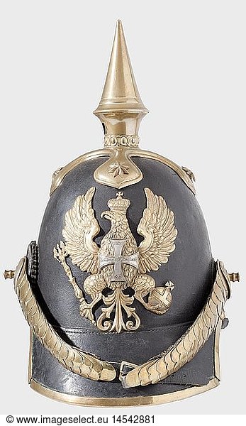 A model 1842 helmet for reserve officers.  High leather skull  gilt mountings  line eagle bearing a silver-plated 'Landwehr' cross. Convex metal chinscales on screw bolts. Leather officer's cockade with a silver plated ring. Sheepskin lining. Helmet in overall beautiful condition. historic  historical  19th century  Prussian  Prussia  German  Germany  militaria  military  object  objects  stills  clipping  clippings  cut out  cut-out  cut-outs  helmet  helmets  headpiece  headpieces  utensil  piece of equipment  utensils  protection  headgear  headgears  uniform  uniforms
