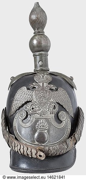 A model 1844 officer's helmet for the Finnish grenadier regiment.  Black leather skull with zinc-plated brass fittings. Applied iron helmet plate with a Finnish lion on a double-headed eagle. Cambered chinscales (rust spotted)  leather sweatband and linen lining. Height 33 cm. historic  historical  19th century  defensive arms  weapon  weapons  protective  protection  metal  armour suit  armor suit  suit of armour  piece  pieces  utensil  piece of equipment  utensils  helmet  helmets  headpiece  headpieces  headgear  headgears  object  objects  stills  clipping  clippings  cut out  cut-out  cut-outs