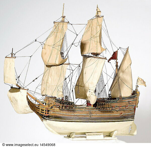 A model ship  of the Brandenburg fluyt Derfflinger (1681 - 1694). Model with full sails and richly detailed wooden construction. Length 110 cm  height 97 cm. Masts and rigging in need of minor repairs. historic  historical  17th century  navy  naval forces  military  militaria  branch of service  branches of service  armed forces  armed service  object  objects  stills  clipping  clippings  cut out  cut-out  cut-outs  miniatures  miniature  mini  model-making  modelmaking  toy  toys  ship  ships  model ship  model ships  navigation