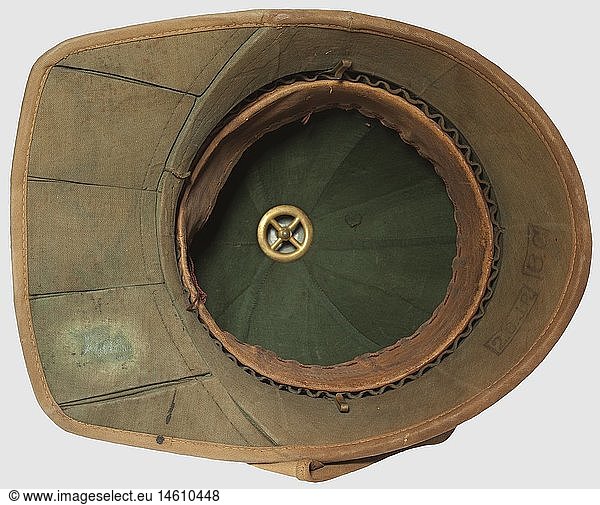 A model 1900 tropical helmet  for enlisted men of the infantry of the East Asiatic Expedition Corps. A tropical cork helmet covered with khaki drill  and a fold-up nape shade. Sea green lining. Leather sweatband with the manufacturer's inscription for Selberg & SchlÃ¼ter  Berlin. Surrounded by a white wool band. Large Imperial cockade on the right side. Imperial eagle plate. The neck cloth of khaki cotton fabric. Some stains  dusty  historic  historical  1900s  20th century  navy  naval forces  military  militaria  branch of service  branches of service  armed forces  armed service  object  objects  stills  clipping  clippings  cut out  cut-out  cut-outs  helmet  helmets  headpiece  headpieces  headgear  headgears  protection  protective  utensil  piece of equipment  utensils  uniform  uniforms