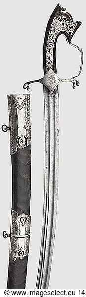 A Moroccan silver-mounted nimcha  circa 1800 Slightly curved blade with several grooves. Engraved silver cross-piece and knuckle-bow. Typically shaped dark horn grip with finely engraved  openwork silver overlay (parts missing). Scabbard with replacement leather cover and engraved silver mountings. The chape missing. Length 93.5 cm  historic  historical  19th century  Ottoman Empire  thrusting  thrustings  blade  blades  melee weapon  melee weapons  hand weapon  hand weapons  handheld  weapon  arms  weapons  arms  object  objects  stills  clipping  clippings  cut out  cut-out  cut-outs