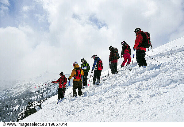 A mountain guide points out ski terrain to students at a mountain resort near South Lake Tahoe  California.