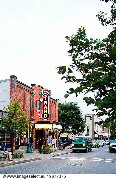A movie theater on a small town maine street.