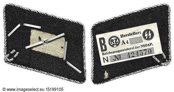 A pair of collar patches for an UntersturmfÃ¼hrer of the 7th Waffen-SS Division 'Prinz Eugen'. Hand-embroidered Odal rune on black cloth  the reverse side with a paper RZM tag  the other collar patch with stars of rank  each edged with continuous silver cord. historic  historical  20th century  1930s  1940s  secret service  security service  secret services  security services  police  armed service  armed services  NS  National Socialism  Nazism  Third Reich  German Reich  Germany  utensil  piece of equipment  utensils  object  objects  stills  clipping  clippings  cut out  cut-out  cut-outs  fascism  fascistic  National Socialist  Nazi  Nazi period  uniform  uniforms  detail  details