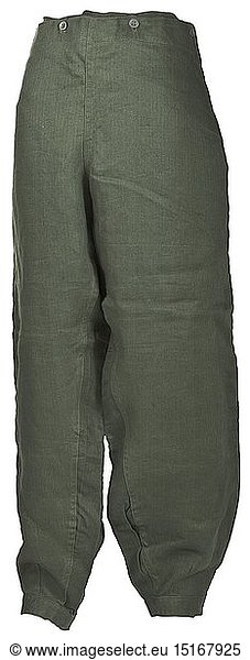 A pair of drill cloth trousers to the field-grey clothing of the Kriegsmarine depot piece by 'Engel Hedersleben' Unlined summer trousers in field-grey drill cloth with sheet metal buttons in the cut of the white trousers with foldable fly  the support underneath with applied pockets. Straight leg terminals with adjustment loops and buttons. Maker stamping in the waist. historic  historical  navy  naval forces  military  militaria  branch of service  branches of service  armed forces  armed service  object  objects  stills  clipping  clippings  cut out  cut-out  cut-outs  20th century