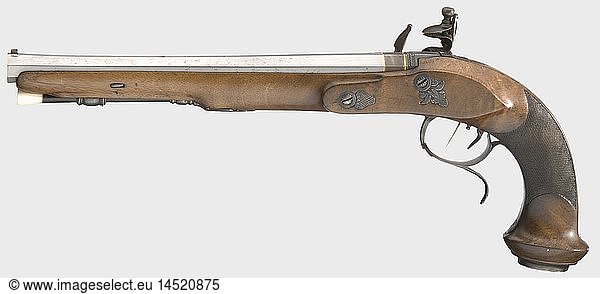 A pair of flintlock pistols  Contriner in Vienna  circa 1810/20. Slender  octagonal barrels  slightly constricted in the middle with twelve-groove rifled bores in 12 mm calibre. The barrel top fluted at the breech with the engraved inscription 'Contriner' in front. Finely engraved patent breechblocks bearing inlaid gold lines  folding rear sights. Locks with slightly engraved lockplates and frizzens on rollers. Repeated  engraved inscription 'Contriner in Wein'. Adjustable set triggers. Walnut full stock and finely chequered grips. Finely engraved iron furniture  the pommel caps monogrammed 'GSSz'. Whalebone ramrods with bone tip. Metal surfaces partly with bluing or grey case-hardening in very good condition. Length of each 41 cm. During the 1st quarter of the 19th century several members of the renowned gunsmith family Contriner have been working in Vienna. Cf. StÃ¶ckel  p. 239. historic  historical  19th century  civil handgun  civil handguns  handheld  gun  guns  firearm  fire arm  firearms  fire arms  weapons  arms  weapon  arm  object  objects  stills  clipping  clippings  cut out  cut-out  cut-outs