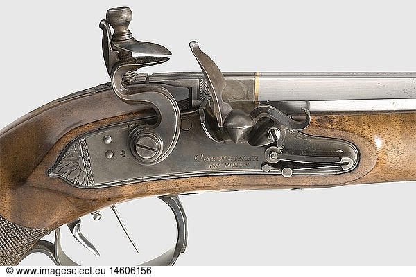 A pair of flintlock pistols  Contriner in Vienna  circa 1810/20. Slender  octagonal barrels  slightly constricted in the middle with twelve-groove rifled bores in 12 mm calibre. The barrel top fluted at the breech with the engraved inscription 'Contriner' in front. Finely engraved patent breechblocks bearing inlaid gold lines  folding rear sights. Locks with slightly engraved lockplates and frizzens on rollers. Repeated  engraved inscription 'Contriner in Wein'. Adjustable set triggers. Walnut full stock and finely chequered grips. Finely engraved iron furniture  the pommel caps monogrammed 'GSSz'. Whalebone ramrods with bone tip. Metal surfaces partly with bluing or grey case-hardening in very good condition. Length of each 41 cm. During the 1st quarter of the 19th century several members of the renowned gunsmith family Contriner have been working in Vienna. Cf. StÃ¶ckel  p. 239. historic  historical  19th century  civil handgun  civil handguns  handheld  gun  guns  firearm  fire arm  firearms  fire arms  weapons  arms  weapon  arm  object  objects  stills  clipping  clippings  cut out  cut-out  cut-outs