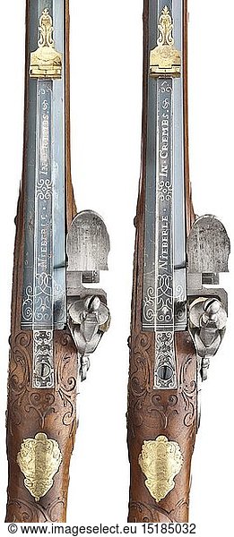 A pair of flintlock rifles  Johann Ulrich Nieberle of Krems  beginning 18th century Octagonal barrels  rifled bright bores in 13.5 mm calibre  on ribs dovetailed front sights and engraved rear sights made of gilded brass. Rich silver inlays and signature above chambers  engraved tangs. Bluing somewhat rubbed  vent holes lined differently. Cut flintlocks engraved with hunting scenes and set triggers. One set trigger flawed  one trigger bar with an old repair. Finely carved full stocks with attached forearms and horn stock noses  expertly repaired in places with closed shrinkage cracks on butts and breaks in one forearm. Butt compartments with rocaille decorated slides. Engraved and gilded brass mountings. Wooden ramrods with horn tips. Length 116 cm. historic  historical  gun  guns  firearm  fire arm  firearms  fire arms  weapons  arms  weapon  arm  fighting device  object  objects  stills  clipping  clippings  cut out  cut-out  cut-outs  military  militaria  piece of equipment  18th century