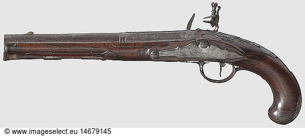 A pair of German flintlock pistols  I. P. Meyer in Braunschweig  circa 1760. Two-stage barrels  octagonal then round after a girdle with smooth bores in 13 mm calibre  modest vine engraving on upper side and each of them marked 'A Bronsvic'. Flintlocks  signature on lock plates  one lock with faulty notch. Carved walnut full stocks with horn noses and iron furniture. Escutcheons with coats of arms. Wooden ramrods with horn tips. Length 35 cm each. A pair of pistols in untouched condition  can be improved by cleaning  historic  historical  18th century  civil handgun  civil handguns  handheld  gun  guns  firearm  fire arm  firearms  fire arms  weapons  arms  weapon  arm  object  objects  stills  clipping  clippings  cut out  cut-out  cut-outs