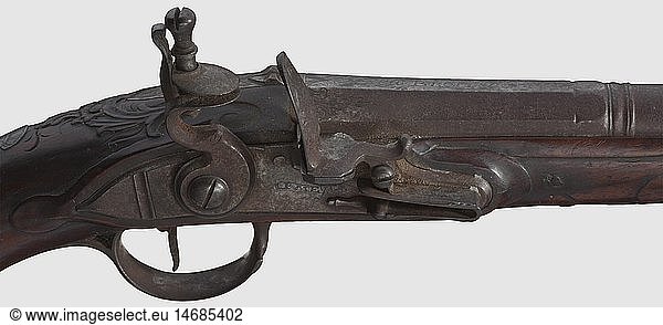 A pair of German flintlock pistols  I. P. Meyer in Braunschweig  circa 1760. Two-stage barrels  octagonal then round after a girdle with smooth bores in 13 mm calibre  modest vine engraving on upper side and each of them marked 'A Bronsvic'. Flintlocks  signature on lock plates  one lock with faulty notch. Carved walnut full stocks with horn noses and iron furniture. Escutcheons with coats of arms. Wooden ramrods with horn tips. Length 35 cm each. A pair of pistols in untouched condition  can be improved by cleaning  historic  historical  18th century  civil handgun  civil handguns  handheld  gun  guns  firearm  fire arm  firearms  fire arms  weapons  arms  weapon  arm  object  objects  stills  clipping  clippings  cut out  cut-out  cut-outs
