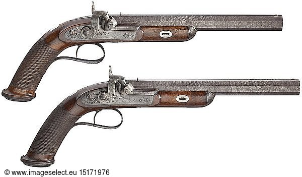 A pair of percussion pistols  Barnet  Liverpool  circa 1850 Octagonal  smooth Damascus barrels in 12 mm calibre with patent breechblocks and dovetailed sights. On top of the barrels engraved signature 'BARNET LIVERPOOL'. Florally engraved percussion locks with cock safeties  repeated signatures and single set triggers. Walnut stocks with chequered butts and engraved iron furnitures. Silver  vacant escutcheons. Length 41 cm each. historic  historical  gun  guns  firearm  fire arm  firearms  fire arms  weapons  arms  weapon  arm  fighting device  object  objects  stills  clipping  clippings  cut out  cut-out  cut-outs  military  militaria  piece of equipment  19th century