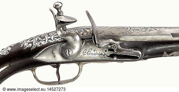 A pair of silver-mounted flintlock pistols  C. Bauduin  France  circa 1730/40. Round  smooth bore barrels in 15.5 calibre with cut rocaille and flower decoration on top of the breeches. Lockplates have engraved signatures  waterproof pans  and cocks with sliding safeties. Blackened walnut full stocks richly inlaid with silver engraved with decorative scrolls and vines. Engraved silver furniture  (hallmarks). Shortened ramrods with silver tips. Length of each 48 cm. historic  historical  18th century  civil handgun  civil handguns  handheld  gun  guns  firearm  fire arm  firearms  fire arms  weapons  arms  weapon  arm  object  objects  stills  clipping  clippings  cut out  cut-out  cut-outs