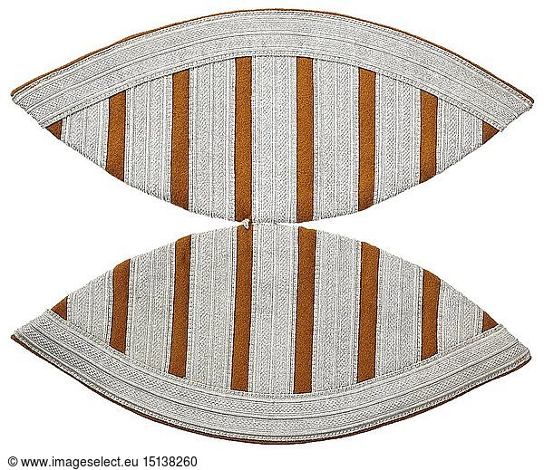 A pair of 'swallow's nests' for musicians and trumpeters of aviation signals troops for clasp-attachment to the service tunic historic  historical  Air Force  branch of service  branches of service  armed service  armed services  military  militaria  air forces  object  objects  stills  clipping  clippings  cut out  cut-out  cut-outs  20th century