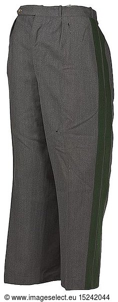 A pair of trousers to the Luftwaffe forestry service dress uniform Private purchase piece in mottled Luftwaffe-blue gabardine with lateral dark green piping and stripes. Moth traces. historic  historical  Air Force  branch of service  branches of service  armed service  armed services  military  militaria  air forces  object  objects  stills  clipping  clippings  cut out  cut-out  cut-outs  20th century