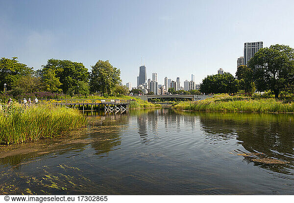 A partial view of the Chicago skyline as seen from the gardens of Lincoln Park.