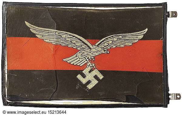 A pennant for a motor vehicle of the Luftwaffe Embroidered Luftwaffe eagle on red-black cloth  the celluloid sleeve damaged. 26 x 40 cm. historic  historical  Air Force  branch of service  branches of service  armed service  armed services  military  militaria  air forces  object  objects  stills  clipping  clippings  cut out  cut-out  cut-outs  20th century