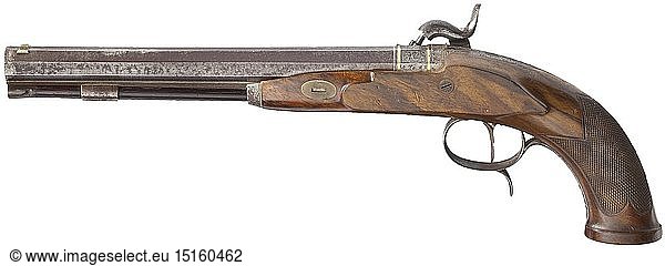 A percussion pistol  L. StÃ¶rmer  GÃ¶ttingen  circa 1850 Rifled barrel with bright bore in 11 mm calibre  dovetail nickel silver front sight and engraved patent breechblock with gold band inlays  signed at top. Slightly pitted at the muzzle. Adjustable rear sight on the engraved tang. Finely engraved percussion lock signed at the lockplate with blued nipple protector. Double set trigger. Walnut half stock with en suite engraved iron furniture. Wooden ramrod with horn tip. Length 39.5 cm. historic  historical  gun  guns  firearm  fire arm  firearms  fire arms  weapons  arms  weapon  arm  fighting device  object  objects  stills  clipping  clippings  cut out  cut-out  cut-outs  military  militaria  piece of equipment  19th century