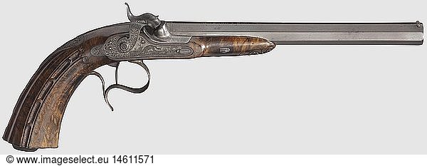 A percussion pistol  Pirmet in Paris  circa 1850. Octagonal  blued  rifled bore in 12.5 mm calibre with gold-inlaid signature on top. Finely engraved patent breechblock and tang. The percussion lock with engraved tendrils and animal pattern on the lockplate that is signed as well. Beautifully grained  sparsely carved half stock with fluted grip  iron furniture engraved en suite. A crack in the grip has been repaired professionally  thus being almost invisible  minor restorations. Length 40 cm  historic  historical  19th century  civil handgun  civil handguns  handheld  gun  guns  firearm  fire arm  firearms  fire arms  weapons  arms  weapon  arm  object  objects  stills  clipping  clippings  cut out  cut-out  cut-outs