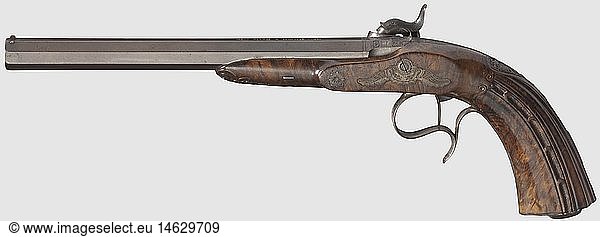A percussion pistol  Pirmet in Paris  circa 1850. Octagonal  blued  rifled bore in 12.5 mm calibre with gold-inlaid signature on top. Finely engraved patent breechblock and tang. The percussion lock with engraved tendrils and animal pattern on the lockplate that is signed as well. Beautifully grained  sparsely carved half stock with fluted grip  iron furniture engraved en suite. A crack in the grip has been repaired professionally  thus being almost invisible  minor restorations. Length 40 cm  historic  historical  19th century  civil handgun  civil handguns  handheld  gun  guns  firearm  fire arm  firearms  fire arms  weapons  arms  weapon  arm  object  objects  stills  clipping  clippings  cut out  cut-out  cut-outs
