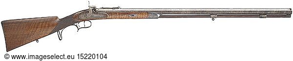 A percussion rifle  Siber in Lausanne  circa 1840 Heavy octagonal and finely grained Damascus barrel with bright bore  slightly rough at the muzzle and good groove/land profile in 16.5 mm calibre. On the top dovetailed front sight and adjustable rear sight and silver inlaid signature. Silver decorated patent breechblock with engraved tang. Colour case hardened percussion lock with en suite engraved and signed lockplate. Finely grained walnut half stock with partially blued  engraved furniture. Wooden ramrod with horn tip. Stock slightly bumped. Length 126 cm. historic  historical  gun  guns  firearm  fire arm  firearms  fire arms  weapons  arms  weapon  arm  fighting device  object  objects  stills  clipping  clippings  cut out  cut-out  cut-outs  military  militaria  piece of equipment  19th century