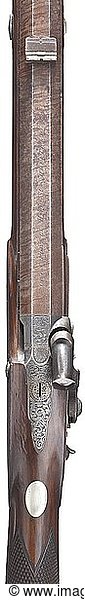 A percussion shotgun for bird hunting  Owen Powell  Sheffield  circa 1850 Octagonal  smooth Damascus barrel in 9.5 mm calibre with patent breechblock  barrel rib on the underside and double folding rear sight. Signature 'OWEN POWELL High St. SHEFFIELD' engraved at the breech. Percussion lock with finely engraved tendrils  with cock safety  single set trigger and repeated signature. Beautiful walnut half stock (small  glued chipping in front of the lock) with blued and engraved iron furniture. Original  iron ramrod. Length 112.5 cm. Owen Powell  Sheffield/Yorks  mentioned 1847-62 historic  historical  gun  guns  firearm  fire arm  firearms  fire arms  weapons  arms  weapon  arm  fighting device  object  objects  stills  clipping  clippings  cut out  cut-out  cut-outs  military  militaria  piece of equipment  19th century