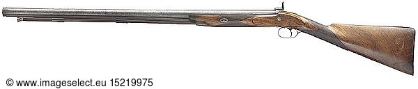 A percussion shotgun  William James Hall in Sunderland  circa 1860 Smooth barrel in 19.5 mm calibre  signature on the barrel rib slightly over-polished  engraved patent breechblock and tang. Percussion lock engraved with tendrils and hunting scenes (replaced cock?). Walnut half stock with iron furniture engraved en suite. Slightly shortened wooden ramrod with brass tip. Slight signs of use. Length 122 cm. historic  historical  gun  guns  firearm  fire arm  firearms  fire arms  weapons  arms  weapon  arm  fighting device  object  objects  stills  clipping  clippings  cut out  cut-out  cut-outs  military  militaria  piece of equipment  19th century