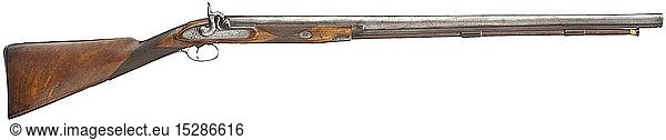 A percussion shotgun  William James Hall in Sunderland  circa 1860 Smooth barrel in 19.5 mm calibre  signature on the barrel rib slightly over-polished  engraved patent breechblock and tang. Percussion lock engraved with tendrils and hunting scenes (replaced cock?). Walnut half stock with iron furniture engraved en suite. Slightly shortened wooden ramrod with brass tip. Slight signs of use. Length 122 cm. historic  historical  gun  guns  firearm  fire arm  firearms  fire arms  weapons  arms  weapon  arm  fighting device  object  objects  stills  clipping  clippings  cut out  cut-out  cut-outs  military  militaria  piece of equipment  19th century