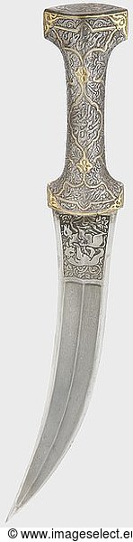 A Persian gold-damascened iron kandshar  19th century Double-edged wootz-Damascus blade with double fullers on each side  and chiselled animal scenes at the base. The iron grip is gold-damascened with cut floral decoration and inscription cartouches. Beautiful condition. Length 43 cm. historic  historical  19th century  Persian Empire  object  objects  stills  clipping  clippings  cut out  cut-out  cut-outs  weapon  arms  weapons  arms  object  objects  stills  clipping  clippings  cut out  cut-out  cut-outs  dagger  daggers  thrusting  thrustings  handheld