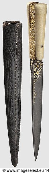 A Persian gold-inlaid kard  circa 1800 Strong wootz-Damascus blade cut along the back-edge. Floral patterns inlaid in gold on both sides at the forte. Gold-plated grip strap chased with floral designs  and with riveted walrus ivory grip scales. Leather scabbard tooled with geometric designs. Length 29.5 cm  historic  historical  19th century  Persian Empire  object  objects  stills  clipping  clippings  cut out  cut-out  cut-outs  thrusting  thrustings  hand weapon  hand weapons  melee weapon  melee weapons  handheld  blade  blades  weapon  arms  weapons  arms