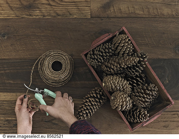 A person using secateurs or cutters on string. A box of pine cones.